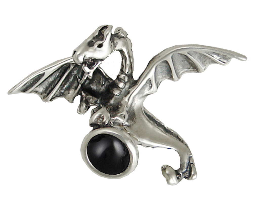 Sterling Silver Flying Dragon Pendant With Black Onyx